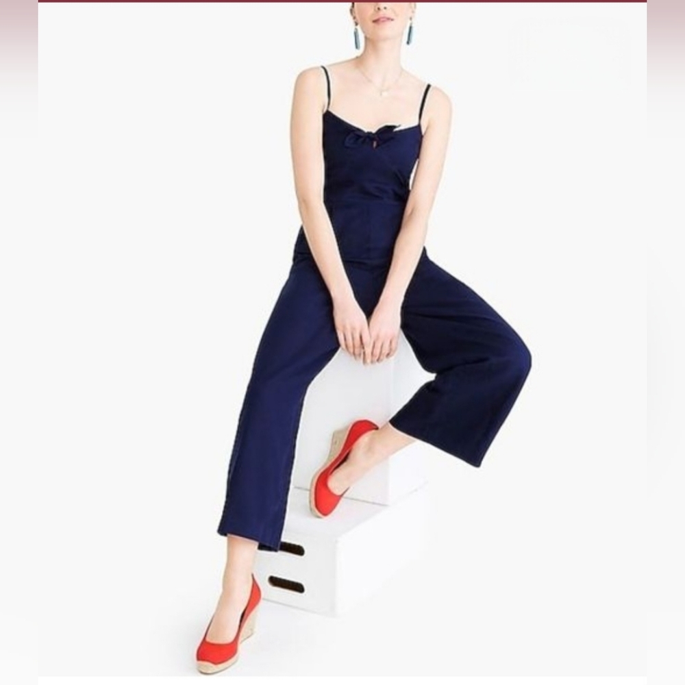 J. Crew Navy Linen‎ Blend Strappy Jumpsuit Bow-front Detail Women's Size 6